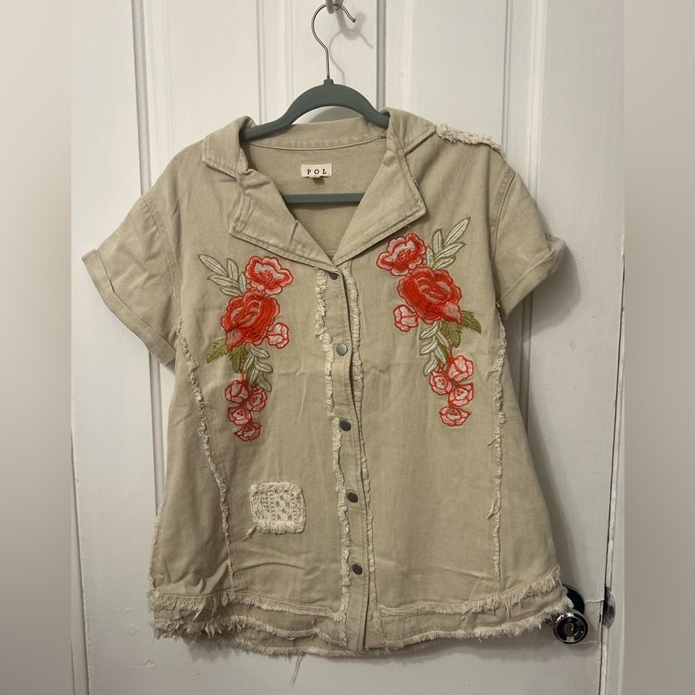 POL Denim Mixed Media Floral Lace Boho Shacket Short Sleeve Top